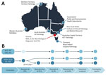 National decentralized sequencing system for Listeria monocytogenes genomic surveillance, Australia. A) Eight jurisdictional public health laboratories contributing to genomic surveillance. The NLRL is based at the Microbiological Diagnostic Unit (MDU) PHL in the state of Victoria. B) Overview of the steps in the national genomic surveillance system; dots indicate where sample processing occurs. The process is the same for human and nonhuman samples. For jurisdictions ACT, NT, TAS, and VIC, sequencing is performed by the NLRL at the Microbiological Diagnostic Unit PHL. The unfilled circle indicates that some samples are referred directly from the primary pathology laboratory to NLRL. For jurisdictions NSW, QLD, SA, and WA, the referral pathway transitioned during 2018–2021 from sequencing performed by the NLRL to jurisdictional sequencing and referral of sequences for genomic analysis. ACT, Australian Capital Territory; NLRL, National Listeria Reference Laboratory; NSW, New South Wales; NT, Northern Territory; PHL, public health laboratory; QLD, Queensland; SA, South Australia; TAS, Tasmania; VIC, Victoria; WA, Western Australia.