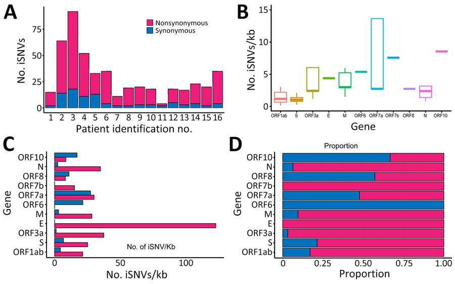 Distribution of iSNVs among patients in study of rapid emergence and evolution of SARS-CoV-2 intrahost variants among COVID-19 patients with prolonged infections, Singapore. A) Total number of iSNV detected in longitudinal samples from each patient, categorized as nonsynonymous or synonymous intrahost variants. B) Distribution plots of all iSNVs per kilobase among genes. Horizontal bars within boxes indicate medians; box tops and bottoms indicate upper and lower quartiles; vertical bars indicate minimum and maximum values. C) Overall iSNV counts across different genes with 5%­–95% frequency from longitudinal samples of all patients. D) Overall proportions of iSNVs among genes. E, envelope; iSNV, intrahost single-nucleotide variant; kb, kilobase; M, membrane; N, nucleocapsid; ORF, open reading frame; S, spike.