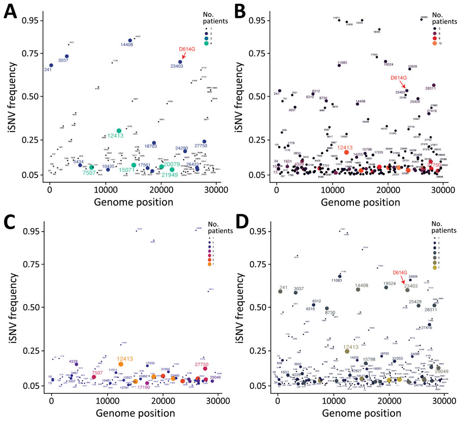 Comparative analysis of variants among lineages and infection durations in study of rapid emergence and evolution of SARS-CoV-2 iSNVs among COVID-19 patients with prolonged infections, Singapore. A, B) Variant frequency between B.1 lineages (A) and B.6 or B.6.6 lineages (B). Red arrows indicate the appearance of intrahost D614G spike variant at nucleotide position 23403. C, D) Variant frequency between COVID-19 patients with shorter infections (<7 days) (C) and those with prolonged infections (8–40 days) (D). Colored circles represent the number of patients with co-occurring intrahost variants; circle size is proportional to patient count. iSNVs, intrahost single-nucleotide variants.