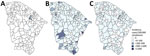 Geographic incidence of laboratory-confirmed Oropouche fever (A), dengue (B), and chikungunya virus (C), by municipality level, in study of molecular epidemiology of Oropouche virus, Ceará state, Brazil, January–December 2024.