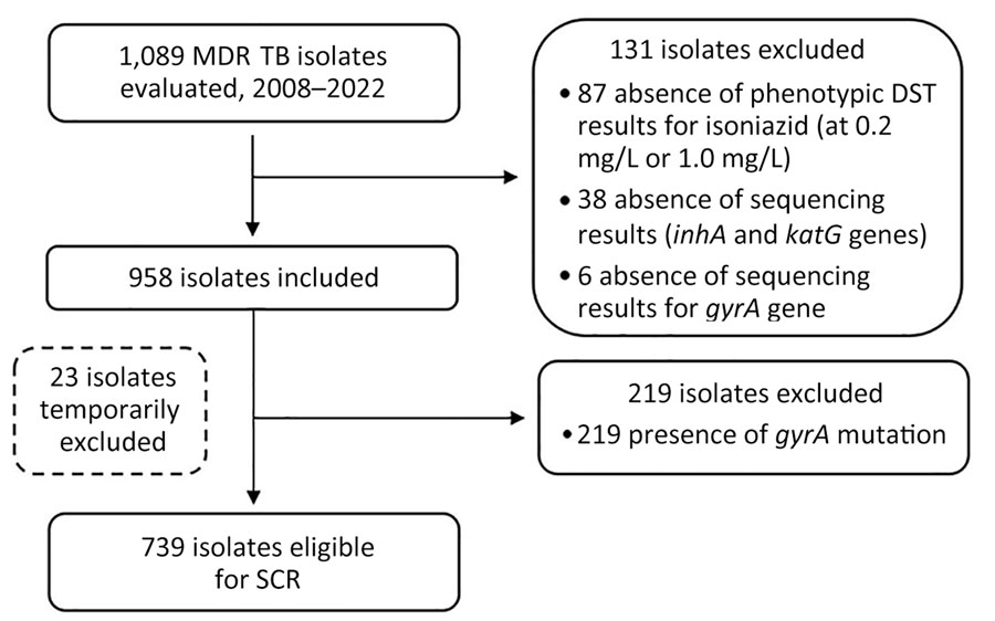 Flowchart of MDR TB isolates identified in France during 2008–2022 included in an evaluation of high-dose isoniazid in MDR TB treatment. DST, drug susceptibility testing; MDR TB, multidrug-resistant tuberculosis; SCR, short-course regimen.