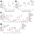 Virus shedding in study of the effect of prior influenza A(H1N1)pdm09 virus infection on pathogenesis and transmission of human influenza A(H5N1) clade 2.3.4.4b virus in ferret model. A, B) Nasal wash viral titers for influenza A(H5N1) Texas/37 virus (A) and influenza A(H7N9) Anhui/1 virus (B). C, D) Virus titers from tissues for Texas/37 H5N1 virus collected 3 days postinoculation (C) and Anhui/1 H7N9 virus collected 4 days postinoculation (D). Horizontal bars indicate median, dots indicate individual titers, whiskers indicate range of positive titers. Three naive and 3 pH1N1 preimmune ferrets were inoculated via respiratory inhalation with Texas/37 or Anhui/1 virus (Table). Nasal wash specimens (A, B) were collected daily. Virus titers were determined by standard plaque assay in MDCK cells. Tissue samples collected from nasal turbinate, ethmoid turbinate, soft palate, blood, and rectal swabs were reported in log10 PFU/mL. Tissues collected from lung, brain, olfactory bulb, intestines, liver, spleen, kidney were reported in log10 PFU/g. The limit of detection was 10 PFU per mL or g. Statistical analyses were performed using 2-way analysis of variance test when samples were positive for viral titers in all 3 inoculated animals; we considered p<0.05 statistically significant. When <3 inoculated ferrets had detectable virus, the detection frequency is indicated above the corresponding positions. Anhui/1, low pathogenicity influenza A(H7N9) A/Anhui/1/2013; NS, not statistically significant; Texas/37, highly pathogenic influenza A(H5N1) clade 2.3.4.4b A/Texas/37/2024.  