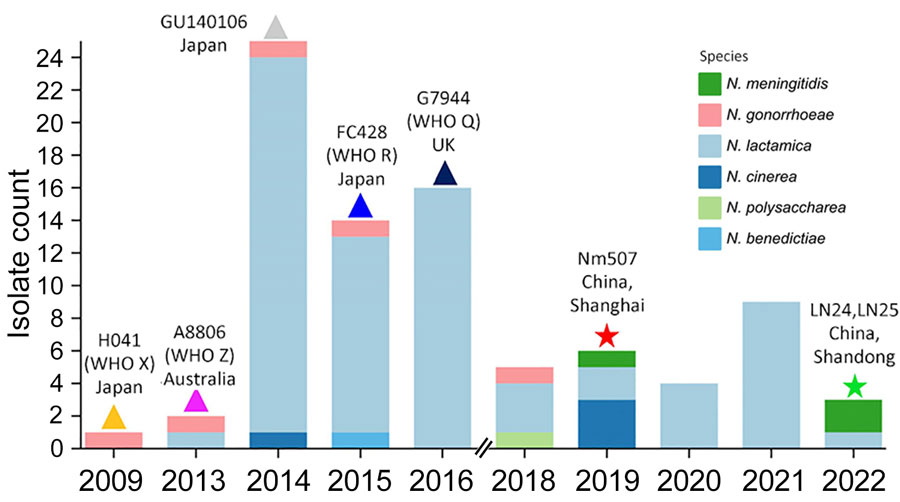 Timeline of 85 penA795-bearing Neisseria isolates from China and elsewhere during 2009–2022 in study of cefotaxime-resistant Neisseria meningitidis sequence type 4821 causing fulminant meningitis. WHO, World Health Organization.