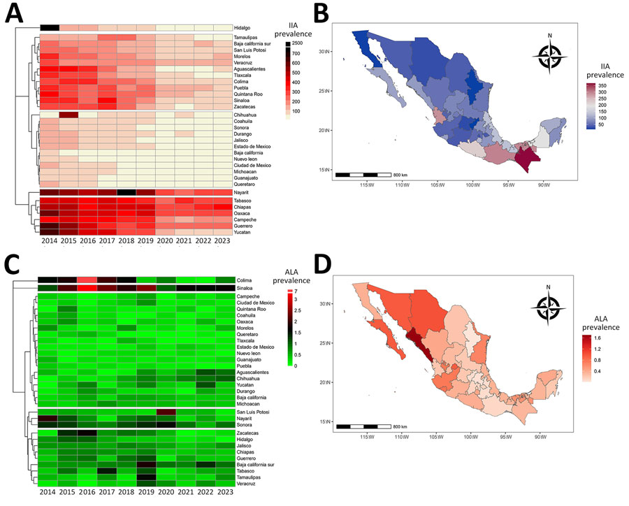 Distribution of IIA and ALA in Mexico by state, 2014–2023. A) Heatmap showing IIA prevalence across states, 2014–2023. B) Geographic distribution of IIA prevalence by state in 2023. C) Heatmap showing ALA prevalence across states, 2014–2023. D) Geographic distribution of ALA prevalence by state in 2023. IIA, intestinal invasive amebiasis; ALA, amebic liver abscess. 