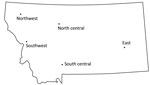 Sampling regions in a study of neutralizing antibodies against California serogroup orthobunyaviruses in human serum samples, Montana, USA. Serum samples were collected from regional hospitals throughout the state.