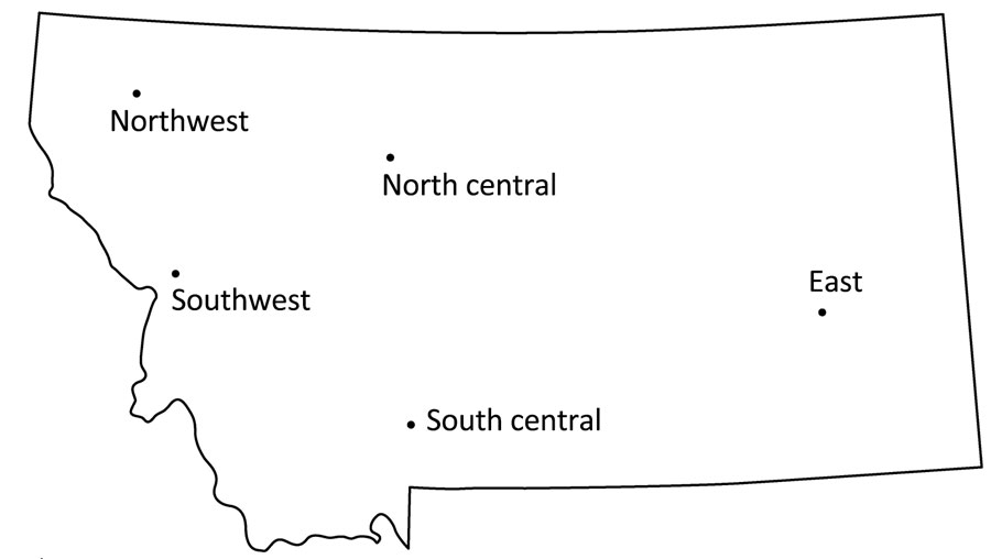 Sampling regions in a study of neutralizing antibodies against California serogroup orthobunyaviruses in human serum samples, Montana, USA. Serum samples were collected from regional hospitals throughout the state.