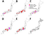 Geographic distribution of Oz virus–neutralizing antibody-positive individuals of 6 animal species, by prefecture, Japan, 2007–2023. A) Wild boar (Sus scrofa leucomystax). B) Sika deer (Cervus nippon). C) Japanese macaques (Macaca fuscata). D) Asian black bear (Ursus thibetanus). E) Dog (Canis lupus familiaris). F) Cat (Felis silvestris catus). 