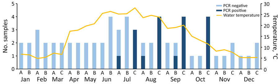 Environmental testing results for Haematospirillum jordaniae and water temperature measurements at 3 locations (A–C) in Pennsylvania, USA2024, in study of 4 patients with H. jordaniae infections from 2020 after recreational water exposure.