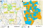 Study area for comparative epidemiologic study of Salmonella Paratyphi A and Salmonella Typhi causing enteric fever, Dhaka, Bangladesh, 2018–2020. A) Study areas (green) and sentinel surveillance healthcare facilities (red stars). B) Clusters within the study area in Vi-TT effectiveness trial; orange shows JE cluster and blue shows Vi-TT cluster. Maps were generated using OpenStreetMap (http://www.OpenStreetMap.org), Esri World Street Map (http://goto.arcgisonline.com/maps/World_Street_Map), and Dhaka North City Corporation Administration Map (https://dncc.portal.gov.bd/site/page/52cb2e96-9af8-4e8c-ab22-b542e0cc373c); maps were digitized and updated by icddr,b. JE, Japanese encephalitis vaccine; Vi-TT, Vi-tetanus toxoid conjugate vaccine.
