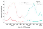 Seasonality of Salmonella Paratyphi A and Salmonella Typhi incidence from the dynamic cohort in study of comparative epidemiology of Salmonella Paratyphi A and Salmonella Typhi causing enteric fever, Bangladesh, 2018–2020. 
