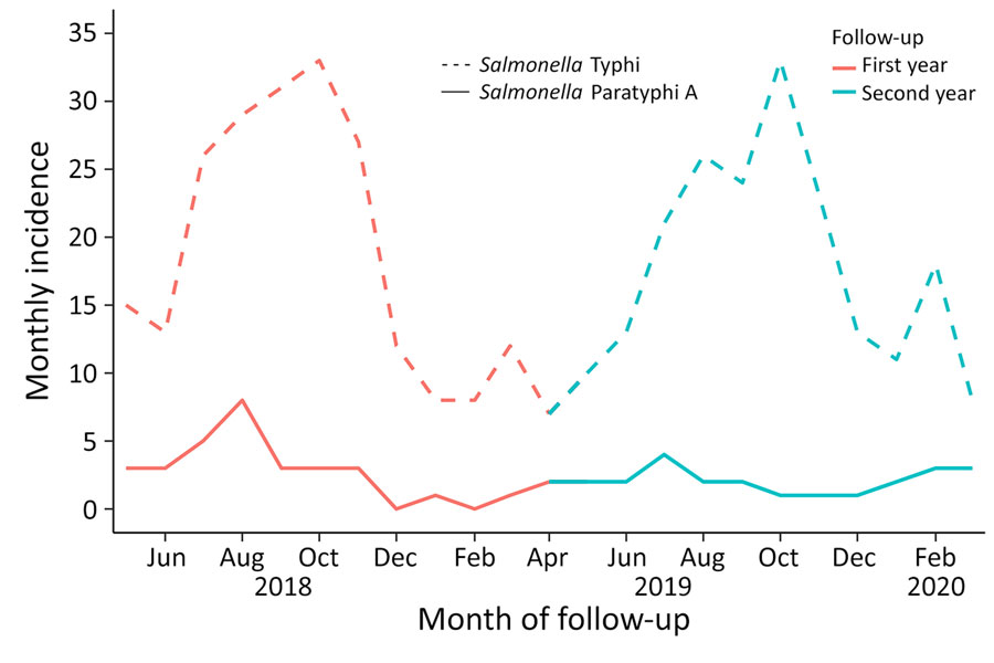 Seasonality of Salmonella Paratyphi A and Salmonella Typhi incidence from the dynamic cohort in study of comparative epidemiology of Salmonella Paratyphi A and Salmonella Typhi causing enteric fever, Bangladesh, 2018–2020. 