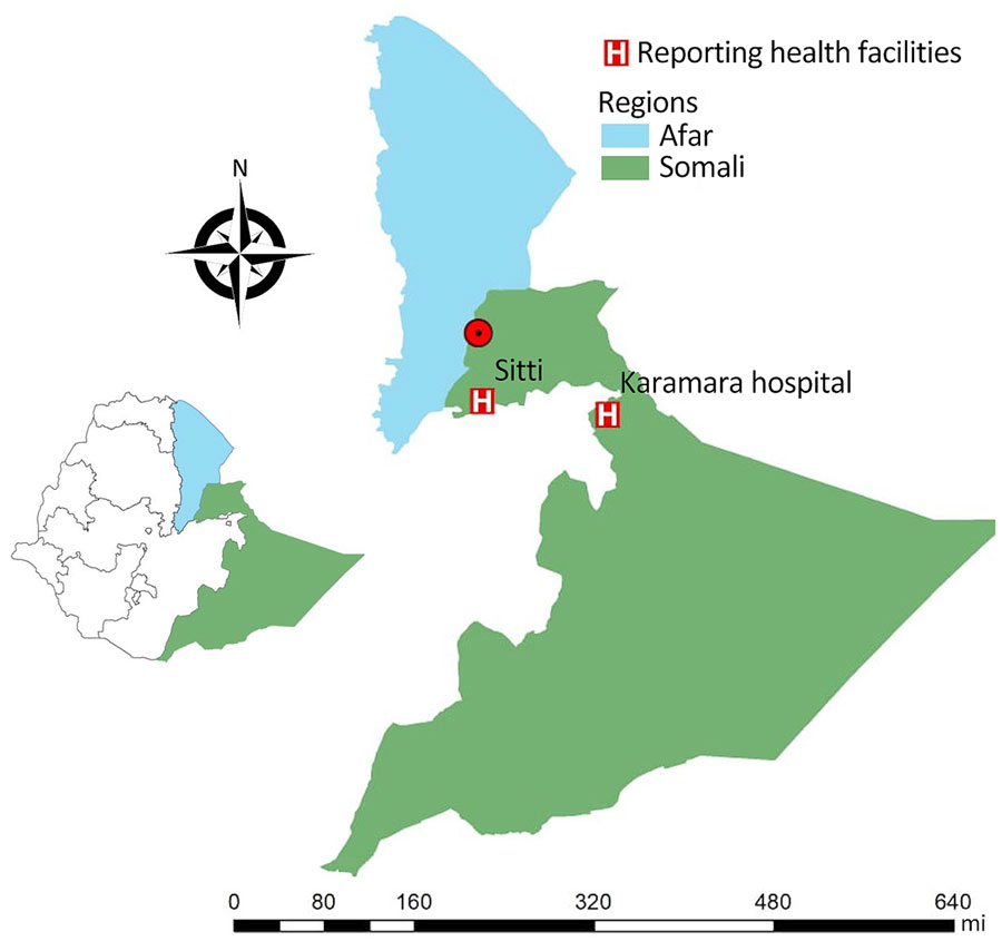 Locations of the healthcare facilities (HF) for the 8 study patients in genomic characterization of Leishmania tropica in cutaneous leishmaniasis, Somali region, Ethiopia, 2023. Map of Ethiopia shows the Afar region in blue and the Somali region in green. Two cases (S04 and S06) were diagnosed at Duunyar Health Center, located at the border of the Afar and Somali regions, where the outbreak occurred (red dot). One case (S12) was diagnosed at Sitti Primary Hospital, and 5 cases (WH08, WH09a, WH11, WH12, and WH15) were reported at Jigjiga University Sheik Hassen Yabare Comprehensive Specialized Hospital (CSH), marked by a red H.
