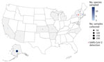 Locations of opportunistic sampling for SARS-CoV-2 samples collected across 17 species in 13 states and Puerto Rico during community-scale surveillance of SARS-CoV-2 and influenza A viruses in wild mammals, United States, September 2022–November 2023. The number of samples collected varied across each state. 
