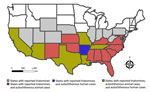 US states with reported wild, domestic, or captive animals exposed to Trypanosoma cruzi locally, states with reported autochthonous human Chagas disease, and all states with reported triatomines in assessment of Chagas disease as endemic to the United States.