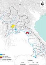 Sampling locations in Kasi and Khounkham districts for study of detection of batborne hantaviruses, Laos, 2023–2024.