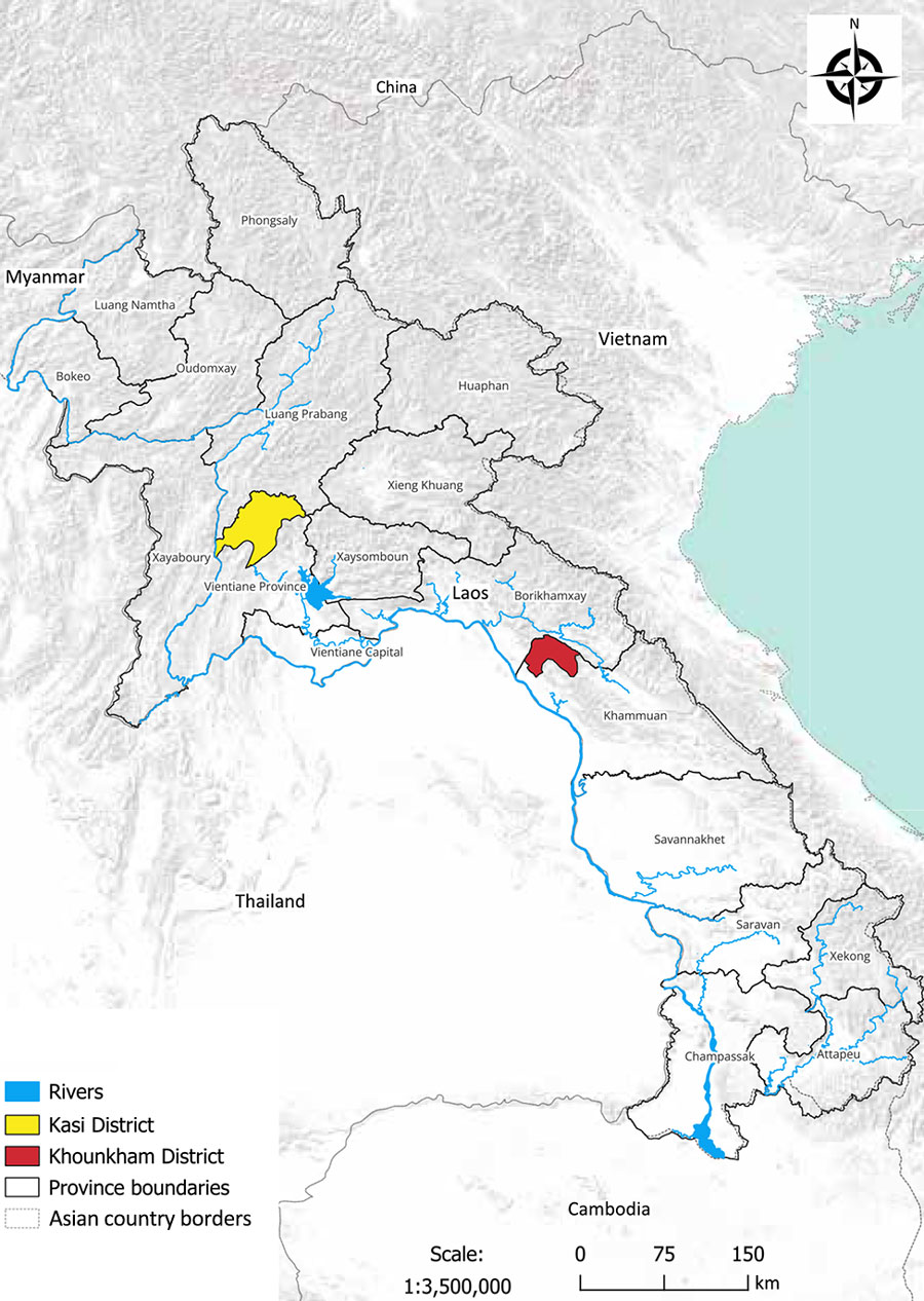 Sampling locations in Kasi and Khounkham districts for study of detection of batborne hantaviruses, Laos, 2023–2024.