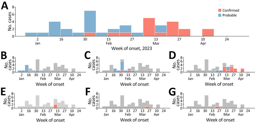 Confirmed and probable cases of Marburg virus disease, Equatorial Guinea, December 2022–April 2023. A) Confirmed and probable cases of Marburg virus disease, by week of illness onset and case classification. Where date of symptom onset was unavailable (1 case), estimated date of sample collection was used. B–G) Confirmed and probable cases of Marburg virus disease (as in shown in panel A), by district: B) Nsok Nsomo; C) Ebibeyín; D) Bata; E) Evinayong; F) Nsork; G) Unknown. Gray shading indicates total number of cases in the country.