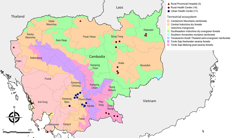 Study site locations of urban and rural health facilities included in cross-sectional prevalence study of clinical manifestations, risk factors, and disease burden of rickettsiosis, Cambodia, 2007–2020, overlayed on top of terrestrial ecoregions of Cambodia.