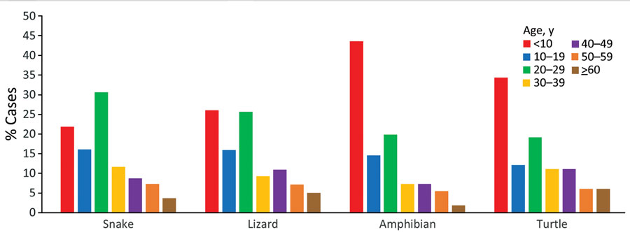 Age distribution of confirmed and probable sporadic locally acquired human salmonellosis case-patients who reported reptile or amphibian contact, by reptile type (n = 513), in study of reptile exposure among human cases and Salmonella serotypes isolated from reptiles, Ontario, Canada, 2015–2022. Reptile types reported by each case-patient were not mutually exclusive; thus, a case might be reported under >1 reptile type. The proportion of case-patients by age group is presented separately for each reptile type (i.e., percentages by age group for each reptile type sum to 100%).