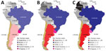 Estimated number of swine and cumulative reported human cases per country in a study of human Streptococcus suis infections, South America, 1995–2024. Shown are countries with human S. suis infections reported during 1995–2005 (A), 1995–2015 (B), and 1995–2024 (C). Estimated number of heads of swine is shown for each country from 2005 (A), 2015 (B), and 2022 (C). Countries with reported human S. suis infections are depicted in specific colors, and cumulative number of human cases during each timeframe are provided in each key. The color intensity increases proportionally to reflect changes in swine population size over time in each country. In contrast, countries without reported human S. suis infections are represented in grayscale, and the grayscale intensity indicates variations in swine population size, applied on a unified scale across those countries. Swine production data for French Guiana was only available until 2006. NA, not available.