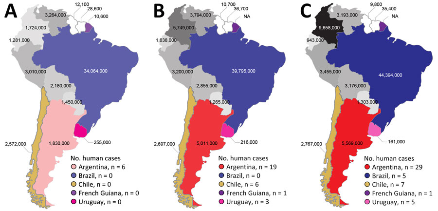 Estimated number of swine and cumulative reported human cases per country in a study of human Streptococcus suis infections, South America, 1995–2024. Shown are countries with human S. suis infections reported during 1995–2005 (A), 1995–2015 (B), and 1995–2024 (C). Estimated number of heads of swine is shown for each country from 2005 (A), 2015 (B), and 2022 (C). Countries with reported human S. suis infections are depicted in specific colors, and cumulative number of human cases during each timeframe are provided in each key. The color intensity increases proportionally to reflect changes in swine population size over time in each country. In contrast, countries without reported human S. suis infections are represented in grayscale, and the grayscale intensity indicates variations in swine population size, applied on a unified scale across those countries. Swine production data for French Guiana was only available until 2006. NA, not available.