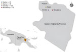 Sampling locations from study of infant strongyloidiasis, Eastern Highlands Province, Papua New Guinea. Participant numbers are shown for each location. Inset shows location of study area on the island of New Guinea.