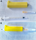 Syringe covered with a lead shield used during nosocomial transmission of Plasmodium falciparum Malaria, Spain, 2024. A) Yellow lead shield with removable disposable syringe and needle. B) Syringe assembled with the lead shield.