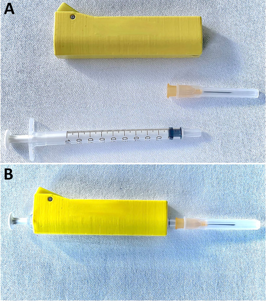 Syringe covered with a lead shield used during nosocomial transmission of Plasmodium falciparum Malaria, Spain, 2024. A) Yellow lead shield with removable disposable syringe and needle. B) Syringe assembled with the lead shield.