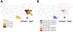 Choropleth maps showing Crimean-Congo hemorrhagic fever virus exposure risks in study of virus drivers in natural host and effects of control measures, Bulgaria. Bayes smoothed rate (A) and Getis-Ord Gi* hotspots (B) of Crimean-Congo hemorrhagic fever virus nucleoprotein Ig in sheep are indicated for municipalities in Burgas Province (southeastern part of the country) and Kardzhali Province (southern part of country). Data were collected during October 2017.