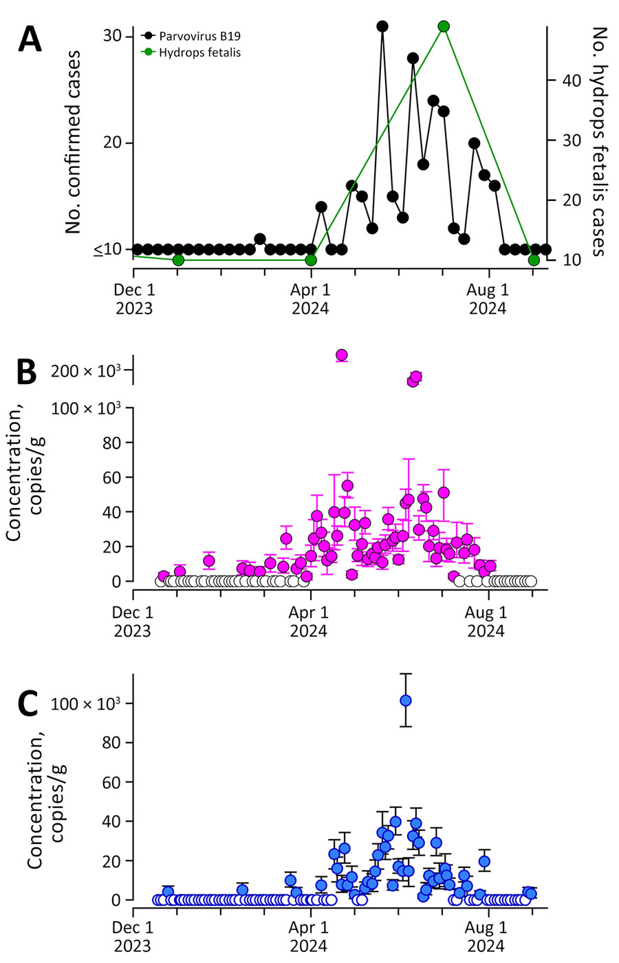 Comparison of case reports and wastewater surveillance reports from study of community infections linked with parvovirus B19 genomic DNA in wastewater, Montgomery County, Texas, USA, 2023–2024. A) Numbers of confirmed parvovirus infections and hydrops fetalis logged into Epic Cosmos (https://cosmos.epic.com) for the county. Data on fetal hydrops were provided quarterly; parvovirus infection data were provided weekly. Scales for the y-axes differ substantially to underscore patterns but do not permit direct comparisons. B, C) Concentrations of parvovirus B19 DNA in wastewater solids (in units of copies/gram of dry weight) at WWTP186 (B) and WWTP187 (C). Solid circles indicate parvovirus B19 was detected, open circles that it was not detected; error bars indicate SDs. Note the broken y-axis in panel B. For the case and syndromic data, numbers ≤10 are redacted and reported as 10. Kendall tau between weekly cases and wastewater concentrations for WWTP186 was 0.56 and between weekly cases and wastewater concentrations for WWTP187 was 0.52 (p<0.0001). WWTP, wastewater treatment plant.