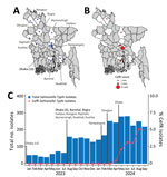 Overview of study of an outbreak of ceftriaxone-resistant Salmonella enterica serovar Typhi in Bangladesh, 2024. A) Locations of the 20 study clinics across 11 districts of Bangladesh (blue dots). White indicates districts where the study clinics are located are shown in white; gray indicates districts not included in this study. B) Geographic distribution of CefR Salmonella Typhi isolates across Bangladesh. The size of each red dot represents the number of isolates per district. C) Timeline of the surveillance network, showing the inclusion of clinics (text labels) and the total number of Salmonella Typhi isolates and CefR isolates detected. Our surveillance efforts began in January 2023 with 3 clinics in Dhaka; more clinics in various locations across Bangladesh were added through May 2024. CefR, ceftriaxone-resistant.