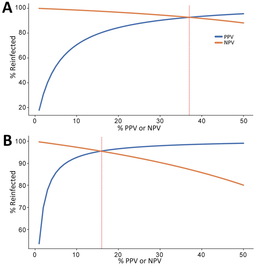 PPV and NPV in a study of detection of SARS-CoV-2 reinfections using nucleocapsid antibody boosting. A) Unweighted threshold ratio >1.43. B) Weighted threshold ratio >2.33. Predictive values were calculated as a function of percentage of a population of blood donors experiencing SARS-CoV-2 reinfection, at different rates of reinfection. Vertical red lines indicate the proportions reinfected that represent the optimal scenarios for the given threshold ratio, i.e., where PPV and NPV are simultaneously maximized. NPV, negative predictive value; PPV, positive predictive value.