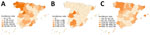 Incidence of tuberculosis reported by province, Spain, 2018–2022. A) Mycobacterium bovis; B) M. caprae; C) M. tuberculosis. Incidence rates for regions are per 1 million population. 
