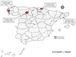 Spatial clusters of tuberculosis infections caused by Mycobacterium bovis and M. caprae, Spain, 2018–2022. RR, relative risk.