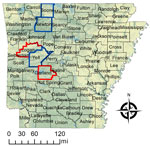 County locations for 2 farms with evidence of Cache Valley virus in sheep (red outline) and counties with specimens available from culled white-tailed deer (outlined in blue) for study of Cache Valley virus, Arkansas, USA, 2023. 