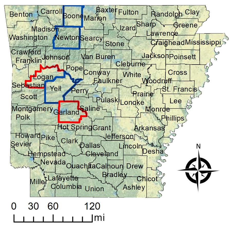 County locations for 2 farms with evidence of Cache Valley virus in sheep (red outline) and counties with specimens available from culled white-tailed deer (outlined in blue) for study of Cache Valley virus, Arkansas, USA, 2023.