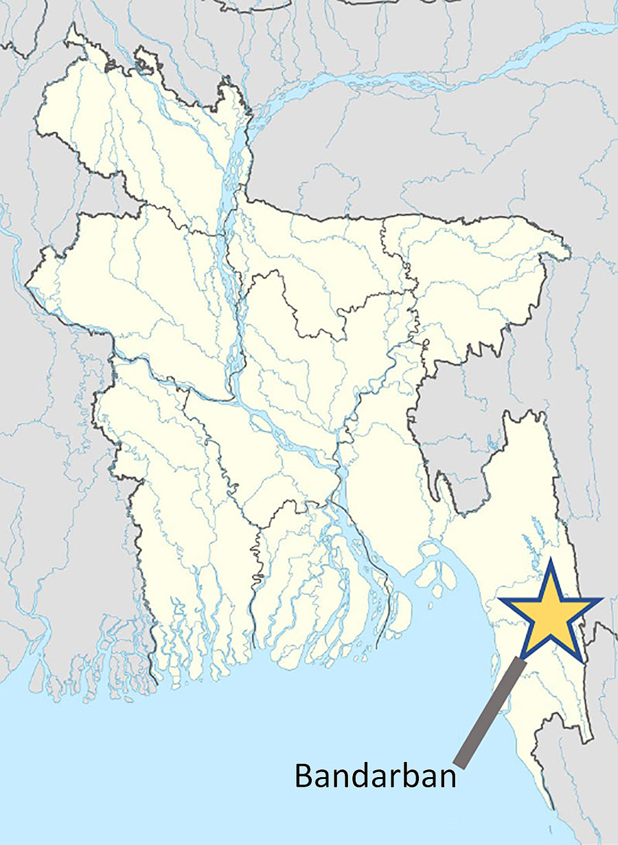 Location of Bandarban Region, Bangladesh, where genomic surveillance for detection of SARS-CoV-1–like viruses in Rhinolophidae bats was conducted during 2022–2023.