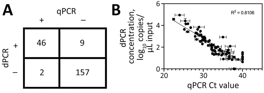 Comparison of dPCR and qPCR virus testing on retail milk samples in study of methods to monitor influenza A(H5N1) virus in dairy cattle milk, Massachusetts, USA. A) Agreement of positive and negative calls of milk samples between the 2 platforms; B) correlation of H5N1 measured by dPCR concentration compared with qPCR Ct value. For plotting purposes, samples not detected by dPCR were graphed with a dPCR concentration of 0 copies/μL, whereas samples not detected by qPCR were graphed with a Ct value of 40. Error bars indicate +1 SD. Ct, cycle threshold; dPCR, digital PCR; qPCR, quantitative PCR; R2, coefficient of determination.