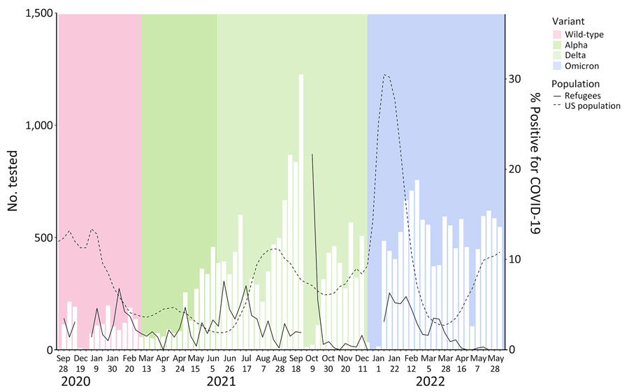 Predeparture COVID-19 test positivity among refugees by week of arrival in the United States (November 24, 2020–June 11, 2022) in study of test results and vaccination coverage among US-bound refugees, 2020–2022. Among refugees, weeks with <20 persons tested were suppressed. White bars indicate number of persons tested; dotted and solid lines indicate percentage positivity. Data for US population COVID-19 test positivity from National Respiratory and Enteric Virus Surveillance System (https://data.cdc.gov/Laboratory-Surveillance/Percent-Positivity-of-COVID-19-Nucleic-Acid-Amplif/gvsb-yw6g/about_data).