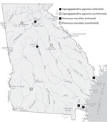 Sites where invasive apple snails (Pomacea maculata) and mystery snails (Cipangopaludina japonica) were collected and screened for rat lungworm (Angiostrongylus cantonensis), Georgia, USA.