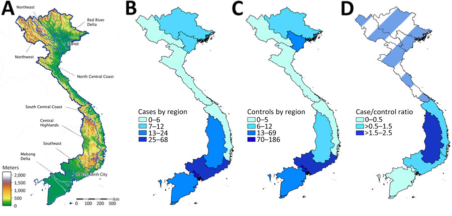 Geographic distribution of recruited cases and controls in multicenter study of behavioral, environmental, and geographic risk factors for talaromycosis, Vietnam. A) Municipal regions of Vietnam, showing topography and locations of recruitment centers in Hanoi and Ho Chi Minh City; B) number of cases by region; C) number of controls by region; D) ratio of cases to controls by region. Darker color represents a higher number of cases relative to controls for that region. A case-to-control ratio of 0.5 is expected because 2 controls were recruited for every case. A ratio <0.5 indicates a lower-than-expected number of cases relative to controls. A ratio >0.5 indicates a greater-than-expected number of cases relative to controls. Data for northern regions of Vietnam are excluded from panel D because study enrollment from these regions was insufficient to draw meaningful conclusions from the analysis. Both cases and controls are concentrated in Southern Vietnam, where most participants were recruited. The ratios of cases to controls are higher in the Central Highlands and the adjacent Southeast and South-Central Coast regions than in Ho Chi Minh City and the Mekong Delta; the highest ratio was seen in the Central Highlands region.
