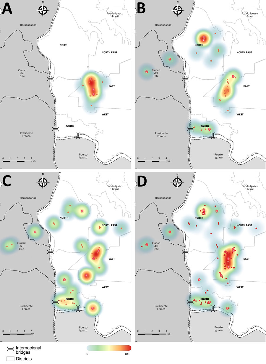Heatmaps showing the spatial distribution of cats with proven sporotrichosis in the triple border region of Brazil (white), Paraguay (dark gray), and Argentina (light gray) during 2021–2023 in study of Sporothrix brasiliensis treatment failure without initial elevated itraconazole MICs in felids at border of Brazil. Red dots show locations of feline sporotrichosis cases during 2021 (A), 2022 (B), and 2023 (C) and for all 3 years combined (D). Numbers in red dots indicate multiple positive cats in the same house.