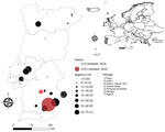 Study sites in Portugal, sample sizes, and locations of seropositive rabbits in study of Crimean-Congo hemorrhagic fever virus circulation in wild European rabbits, Portugal, 2018−2023. Inset map shows location of Portugal in Europe (gray shading).