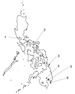 Locations of 6 bat collection sites for Nipah virus antibodies in bats, the Philippines, 2013–2022. 1, U.P. Laguna Quezon Land Grant, Siniloan, Laguna; 2, Naga, Camarines Sur; 3, Siargao Islands, Surigao del Norte; 4, Baguio District, Davao City, Mindanao; 5, Island Garden City of Samal and Talicud Island, Davao del Norte Province; 6, Lavigan, Governor Generoso, Davao Oriental, Mindanao. Star denotes area where Nipah virus outbreaks were reported in 2014.