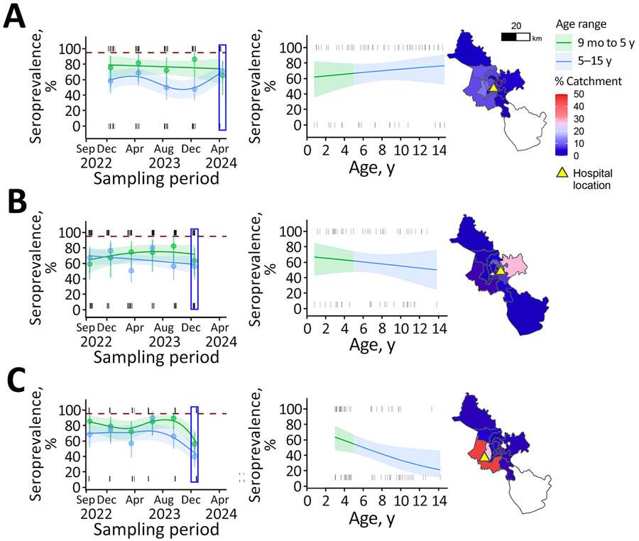 Hospital locations, catchment areas, and number of cases per age in detection of immunity gap before a measles outbreak, Ho Chi Minh City, Vietnam, 2024. A) Children’s Hospital 1; B) Children’s Hospital 2; C) City Children’s Hospital. The first column shows seroprevalence as a function of time of collection for 2 age bands from each hospital; blue rectangles indicate the latest collections; dashed red lines represent the 95% critical vaccination threshold for measles; tick marks at top and bottom of graphs denote seropositive and negative samples; points represent monthly aggregated seroprevalence; error bars indicate 95% CI of the aggregated seroprevalence; shaded areas indicate 95% CI of the seroprevalence estimates by time of collection. Before the measles outbreak, the levels of seroprevalences were 70.7% (95% CI 57.6–81.1) for Children’s Hospital 1 in April 2024 (A), 58.1% (95% CI 44.1–70.9) for Children’s Hospital 2 in December 2023 (B), and 41.5% (95% CI 29.4–54.1) for City Children’s Hospital in December 2023 (C). The middle column shows age-stratified seroprevalence at the most recent timepoint (represented in blue rectangles from the first column). The third column maps the catchment areas based on sample addresses.
