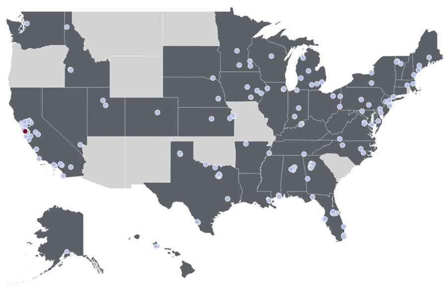 Locations of wastewater treatment plants (WWTPs) enrolled in study to detect monkeypox virus (MPXV) clade Ib in wastewater solids at WWTPs, United States. Dark gray shading indicates states with enrolled sites. The red dot represents the location of the WWTP where there was a positive detection of MPXV clade Ib (n = 1), and the light blue dots represent participating WWTPs where no samples were positive for MPXV (n = 146).