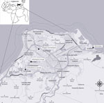 Geographic area of Sucre municipality from a study of CYP2D6 genotype and primaquine treatment in patients with suspected malaria, Venezuela. Crosses represent health center locations in the Sucre municipality. Inset shows map of Venezuela with Sucre state in black.