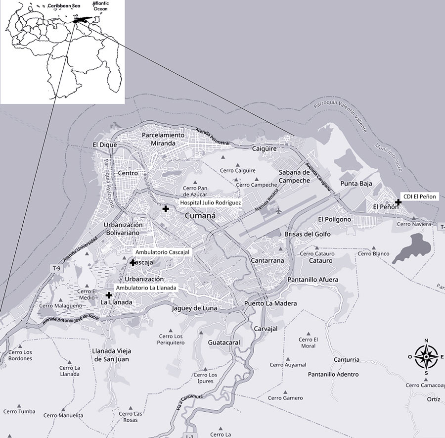 Geographic area of Sucre municipality from a study of CYP2D6 genotype and primaquine treatment in patients with suspected malaria, Venezuela. Crosses represent health center locations in the Sucre municipality. Inset shows map of Venezuela with Sucre state in black.