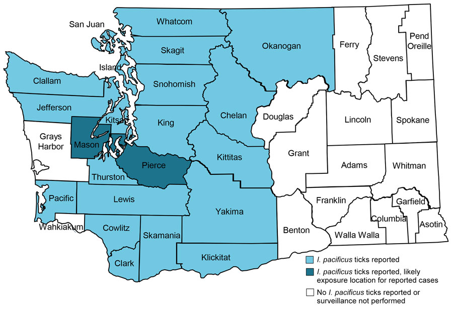 Geographic data from a study of 2 autochthonous cases of anaplasmosis, Washington, USA, 2022–2023. Blue indicates counties where health investigators have reported I. pacificus ticks (12); dark blue indicates counties of likely exposure for the 2 cases reported.