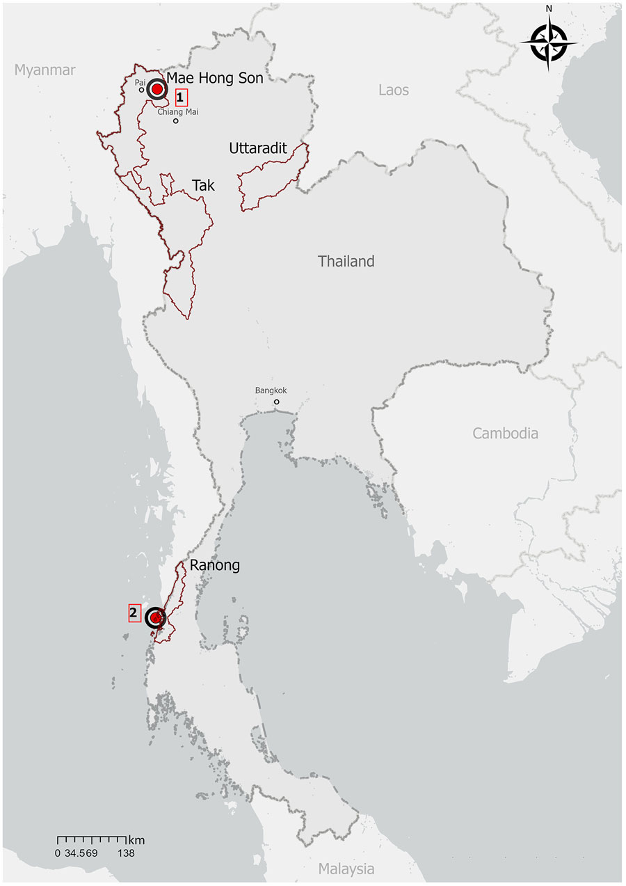 Travel locations of persons with Plasmodium knowlesi malaria returning to Israel from Thailand, 2023. Patient 1 might represent a sentinel case of human P. knowlesi infection acquired in northern Thailand. Patient 2 visited Koh Phayam Island in Ranong Province in southern Thailand, a recognized endemic area near the Malaysia border. Map created with ArcGIS Pro software version 3.3.2 (ESRI, https://www.esri.com).